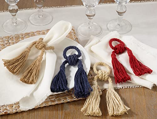 Fennco Styles Chic and Fun Jute Tassel Decorative Napkin Rings, Set of 4 - Navy Blue Handmade Napkin Holders for Dining Table, Home, Banquets, Holidays, Family Gatherings and Special Events