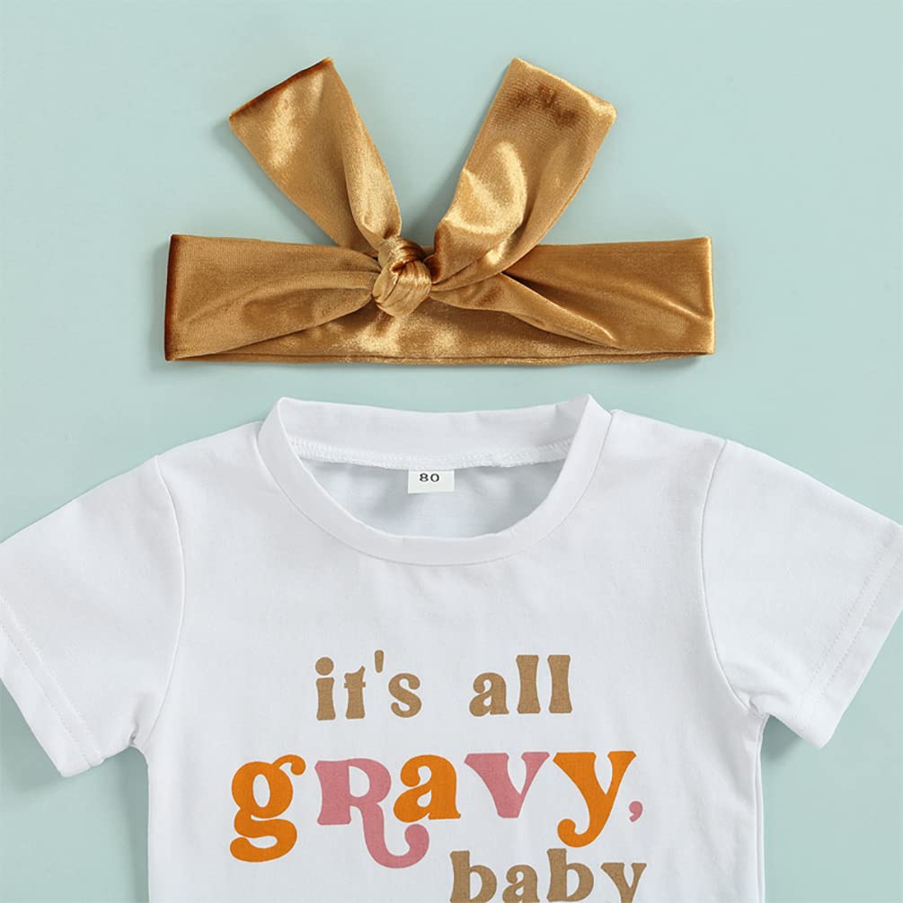 stylesilove Toddler Kid Girls It's All Gravy Baby Short Sleeve Tee & Flare Pants & Headband 3pcs Gold Outfit