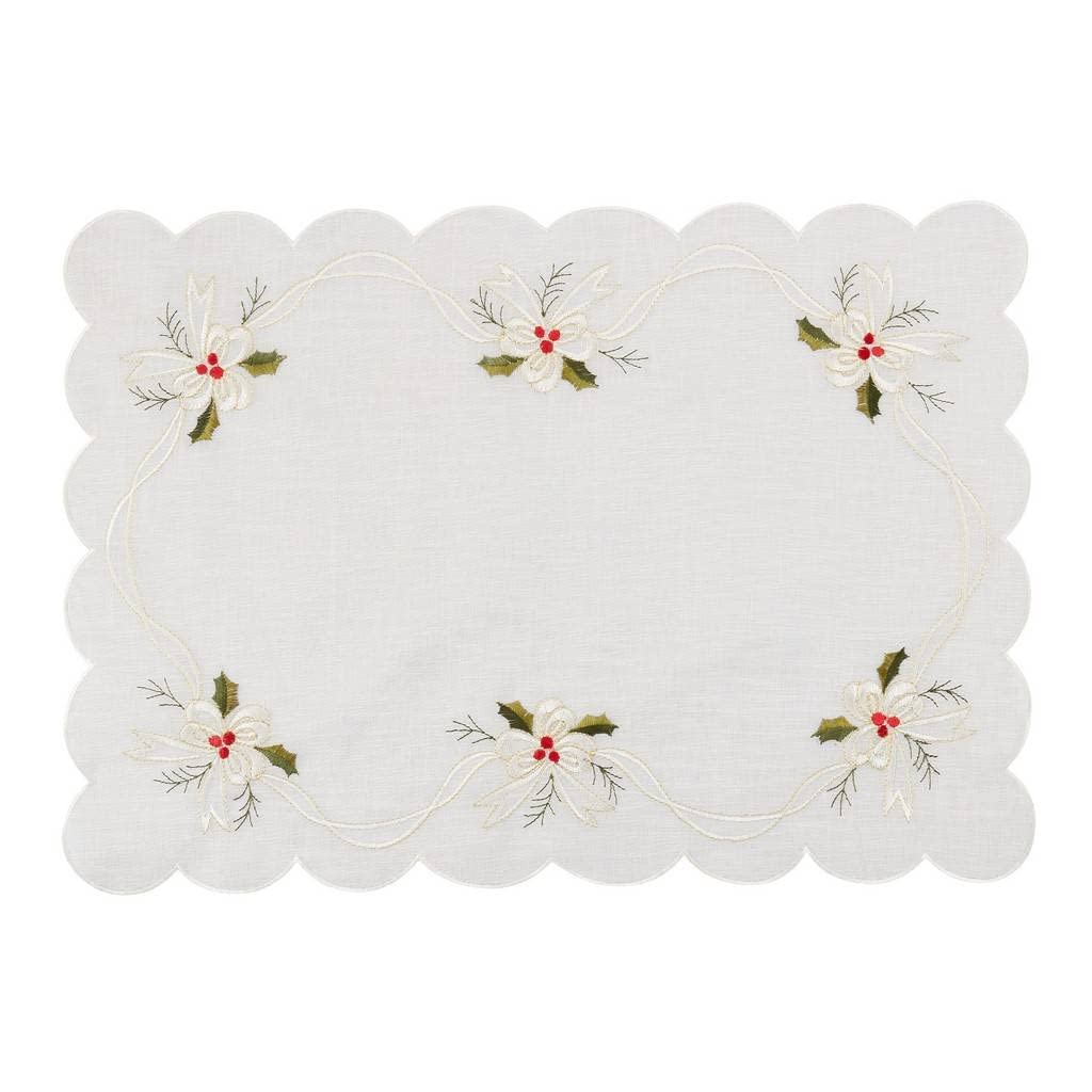 Fennco Styles Embroidered Holly & Ribbon Design Holiday Placemats 14" W x 20" L, Set of 4 - Natural Table Mats for Christmas, Winter Holidays, Home Décor, Banquet, Family Gathering, Special Occasion