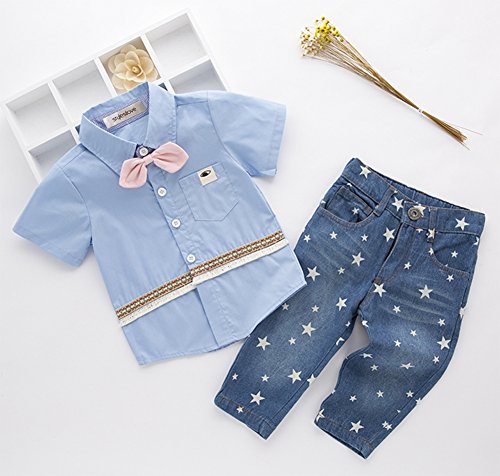 stylesilove Toddler Boys Blue Shirt with Pink Bowtie and Jeans 2 Pieces Outfit Soft Cotton Casual Clothing Set