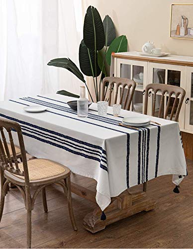 Fennco Styles Classic Chain Print 100% Cotton Tablecloth with Tassel 55" W x 55" L - Navy Blue Table Cover for Home Décor, Dining Table, Banquet, Family Gathering and Special Occasion
