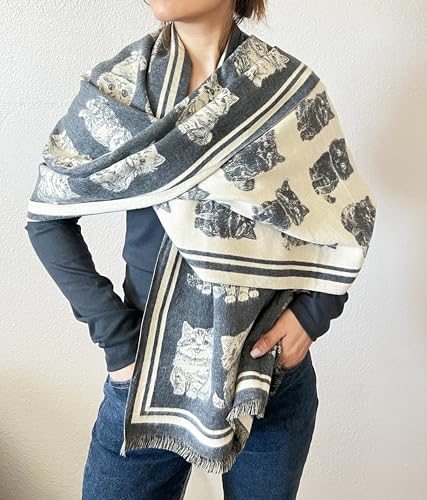 stylesilove Women Cute Kitten Print Cashmere Scarf Warm Ultra Soft Fringe Scarves Shawl Neck Wraps for Autumn and Winter