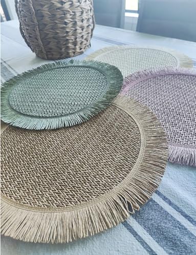 Fennco Styles Woven Round Fringe Solid Color Placemats 14" Round, Set of 4