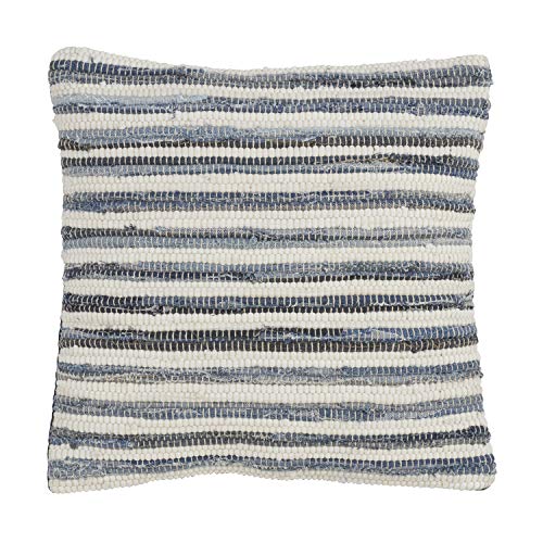 Fennco Styles Gênes Collection Bohemian Tasseled Chindi 100% Pure Cotton 18 x 18 Inch Throw Pillow with Case & Insert – Denim Accent Pillow for Couch, Bedroom and Living Room Décor