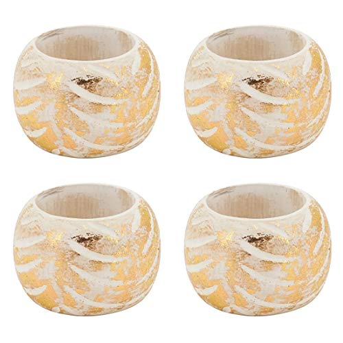 Fennco Styles Distressed Foil Print Design Wood Napkin Rings, Set of 4 - Silver Decorative Napkin Holders for Home, Dining Room, Banquet, Family Gathering, Holiday and Special Occasion