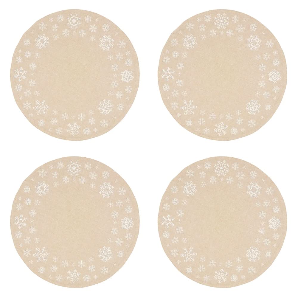 Fennco Styles Christmas Collection Embroidered Design Placemats 14" Round, Set of 4 - Festive Table Mats for Christmas, Winter Holidays, Home Décor, Banquet, Family Gathering, Special Occasion