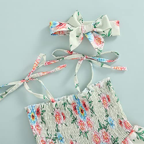 stylesilove Baby Toddler Girls Floral Print Smocked Tiered Sleeveless Dress & Headband 2pcs Summer Ruffle Sundress Outfit