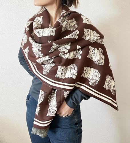 stylesilove Women Cute Kitten Print Cashmere Scarf Warm Ultra Soft Fringe Scarves Shawl Neck Wraps for Autumn and Winter