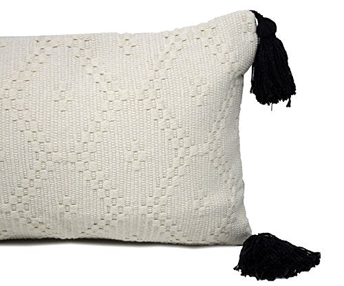 Fennco Styles Ivory Boho Tribal Textured with Tassels Filled Throw Pillow 12" W X 20" L - Woven Diamond Accent Pillow for Home, Couch, Bedroom, and Office Decor