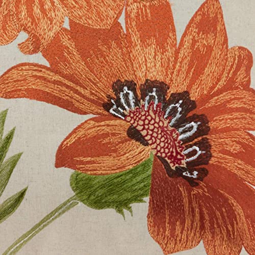 Fennco Styles Le Tournesol Embroidered Sunflower Decorative Throw Pillow, Filler Included, 18-Inch Square - Red Flower Cotton Linen Pillow for Home, Couch, Living Room and Bedroom Décor