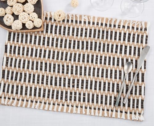 Fennco Styles Black & Natural Woven Stitch Table Runner 14" W X 72" L - Jute Blend Rustic Table Cover for Home Décor, Dining Table, Banquets, Holidays and Special Events