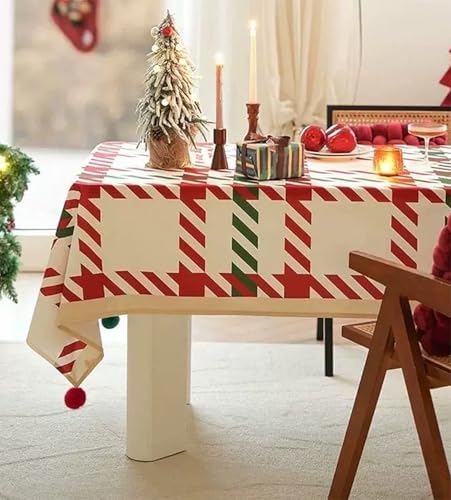 Fennco Styles Red and Green Holiday Plaid Pom Pom Christmas Tablecloth - Cotton Blend Festive Table Cover for Winter Holidays, Banquets, Family Gatherings and Special Occasions
