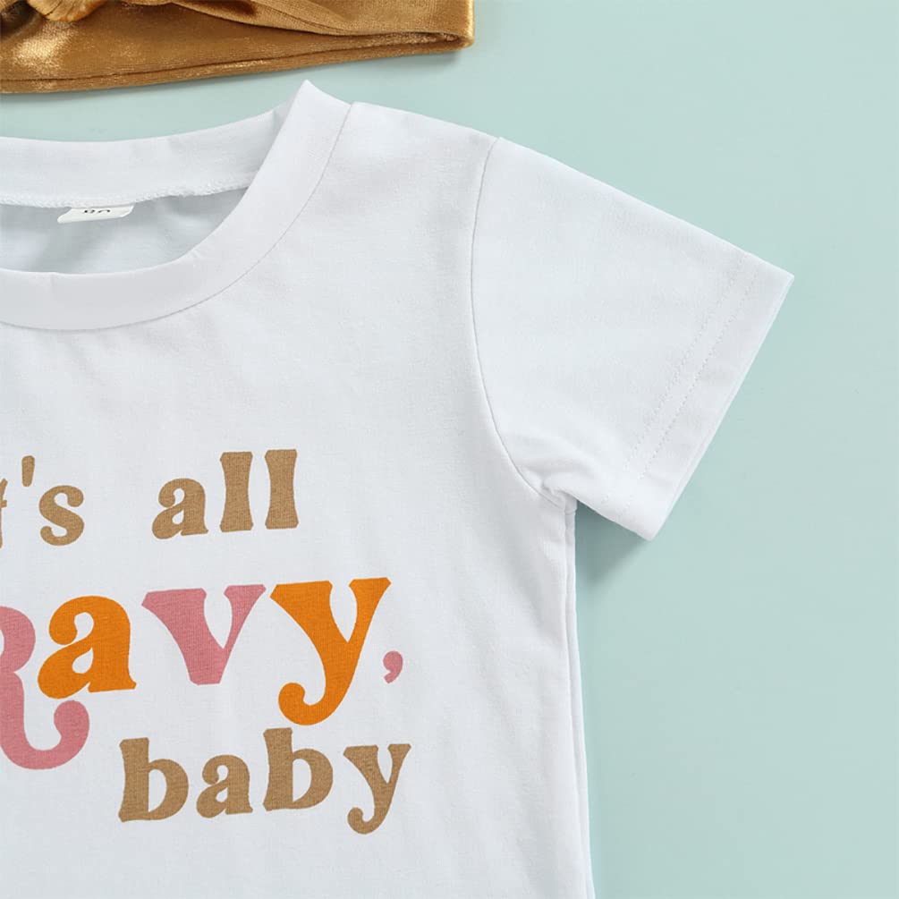 stylesilove Toddler Kid Girls It's All Gravy Baby Short Sleeve Tee & Flare Pants & Headband 3pcs Gold Outfit