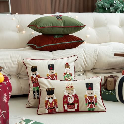 Fennco Styles Embroidered Sequin Nutcracker Velvet Throw Pillow Cover 18" W x 18" L - Green Festive Cushion Case for Home, Christmas, Winter Holidays Décor, and Special Occasions