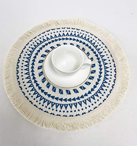 Fennco Styles Boho Geometric Fringe Decorative Cotton Placemats 13-inch Round, Set of 4 - Heat Resistant Insulation Table Mats for Home Decor, Dining Table, Banquets and Special Events