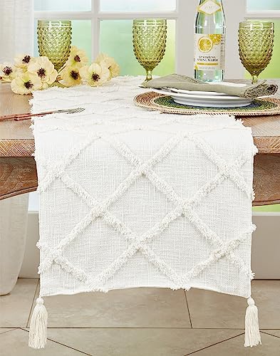 Fennco Styles Modern Diamond Tufted Cotton Table Runner 16" W x 72" L - Grey Geometric Rectangular Table Cover for Boho Décor, Dining Table, Banquets, Family Gathering and Special Events