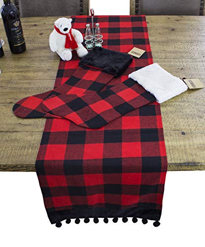 Fennco Styles Buffalo Plaid Red and Black Velvet Pom Pom Trim Design Cotton Table Runner