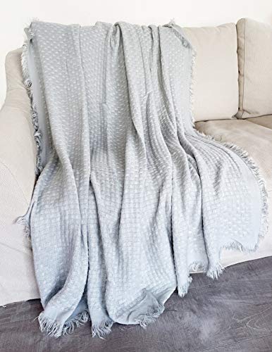 Fennco Styles Waffle Weave Solid Lightweight Throw Blanket with Fringe 50" W x 60" L - Slate Blanket for Sofa, Couch, Living Room and Bedroom Décor