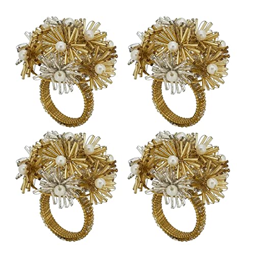 Fennco Styles Hand Beaded Flower Metal Napkin Rings, Set of 4 - Green Decorative Napkin Holders for Christmas, Home, Dining Room, Banquet, Family Gathering, Holiday and Special Occasion