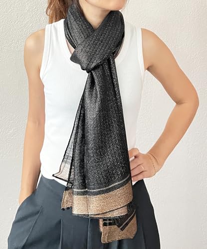 stylesilove Women Shimmering Striped Scarf Silk-like Scarves Ultra Lightweight Soft Shawl Neck Wraps