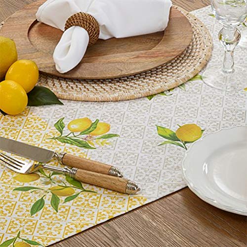Fennco Styles Lemon Block Print Cotton Table Runner 16 x 72 Inch - Yellow Table Cover for Everyday Use, Dining Table Décor, Banquets, Family Gathering and Special Events
