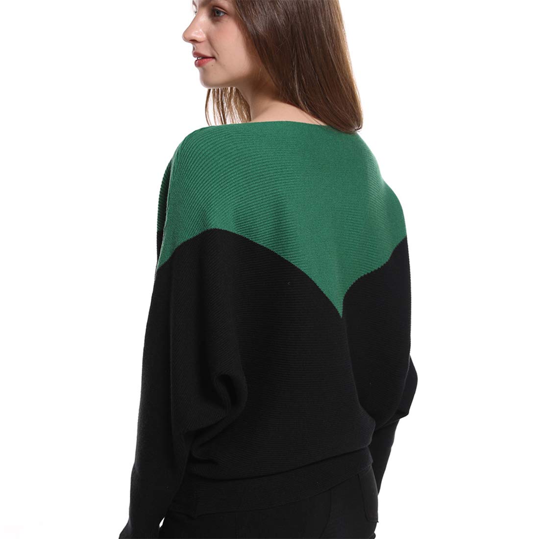 Styles I Love Women Autumn Winter Two-Tone Boat Neck Batwing Sleeve Pullover Knitted Sweater Long Sleeve Loose Top