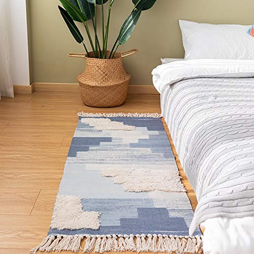 Fennco Styles Ivory Blue Geometric Print Woven Rug Tassel Area Rug for Home Décor, Bedroom, Entryway Mat, Floor Décor