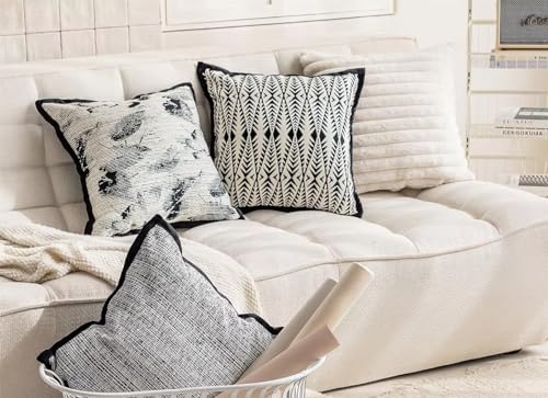 Fennco Styles Art Style Leaf Feather Design Jacquard Throw Pillow Cover 18" W X 18" L – Black Woven Square Cushion Case for Couch, Sofa, Bedroom, Office and Living Room Décor