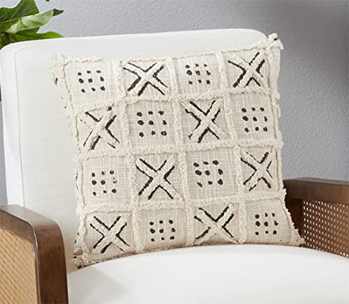 Fennco Styles Handmade Tufted Block Print Cotton Decorative Throw Pillow 18" W x 18" L - Black & White Woven Square Cushion for Home, Couch, Living Room, Bedroom, Office and Holiday Décor