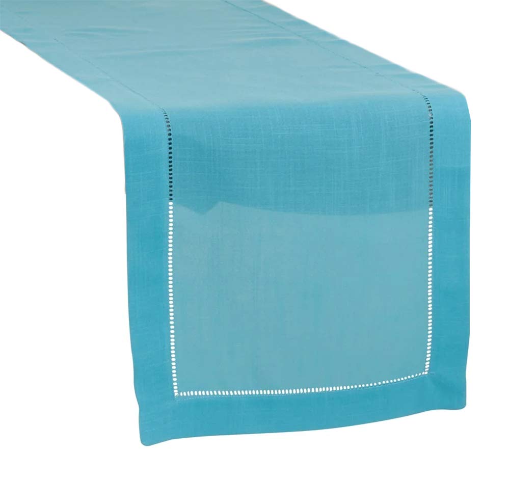 Fennco Styles Classic Hemstitch Design Rectangular Table Runner – 16" W x 72" L Turquoise Table Cover for Home Décor, Dining Table, Banquets, Holidays and Special Occasions