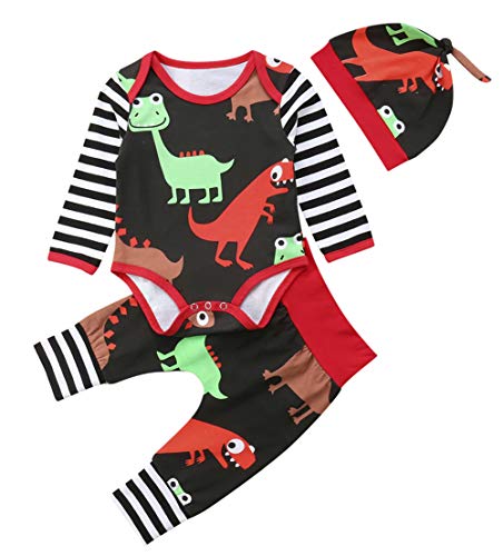 stylesilove Baby Toddler Boy Funny Colorful Dinosaur Long Sleeve Romper with Pants and Hat 3 pcs Cotton Outfits