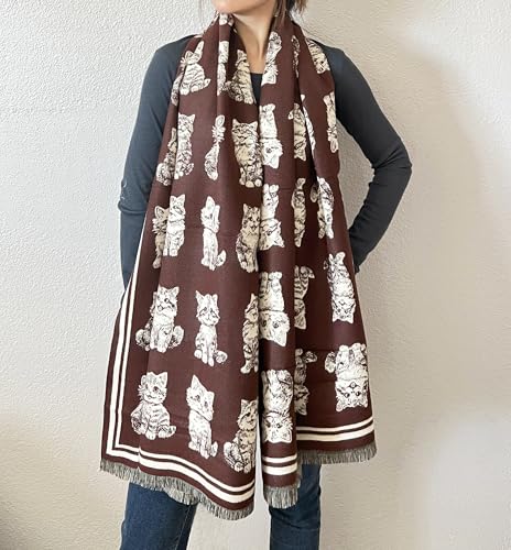 stylesilove Women Cute Kitten Print Cashmere Scarf Warm Ultra Soft Fringe Scarves Shawl Neck Wraps for Autumn and Winter