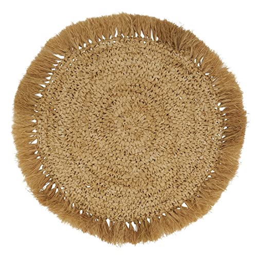 Fennco Styles Raffia Fringe Woven Placemats 15 Inch Round, Set of 4 - Natural Boho Table Mats for Home, Dining Room, Banquets, Family Gathering and Special Occasion