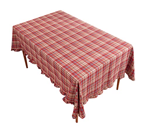 Fennco Styles Plaid Ruffled Border Cotton Woven Tablecloth 56" W x 71" L - Khaki Tartan Table Cover for Banquets, Holiday, Special Events, Home, Dining Room Décor and Everyday Use