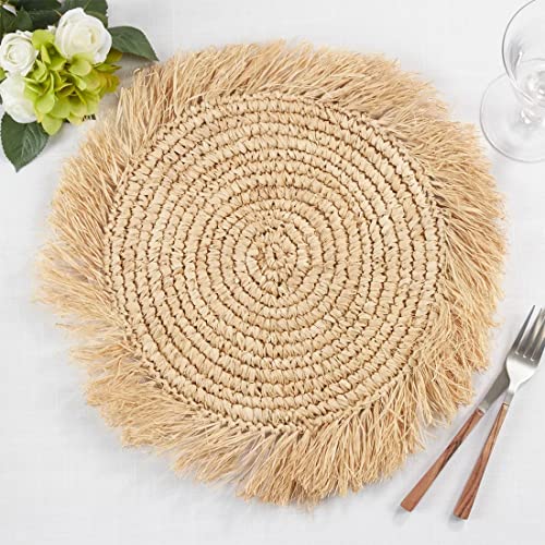 Fennco Styles Raffia Fringe Woven Placemats 15 Inch Round, Set of 4 - Natural Boho Table Mats for Home, Dining Room, Banquets, Family Gathering and Special Occasion