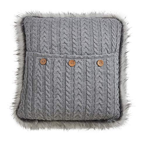 Fennco Styles Nordic Collection Country Faux Fur Trim Button Cable Knit 18 x 18 Inch Throw Pillow with Case & Insert – Winter Color Throw Pillow for Couch, Bedroom and Living Room Décor