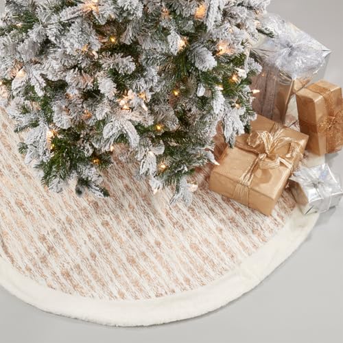 Fennco Styles Foil Print Faux Fur Christmas Tree Skirt 60" Round - Gold Metallic Elegant Tree Skirt for Home, Winter Holidays Decor, Indoor, and Special Occasions
