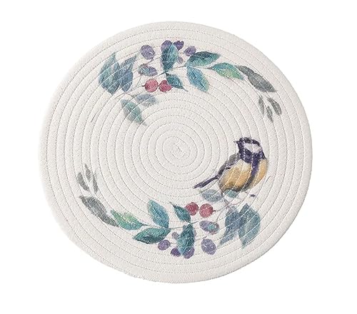 Fennco Styles Rabbit & Botanical Print Cotton Blend Woven Placemats 12" Round, Set of 4 - Cartoon Animal Design White Table Mats for Home Décor, Dining Table, Banquet, Holiday and Family Gathering