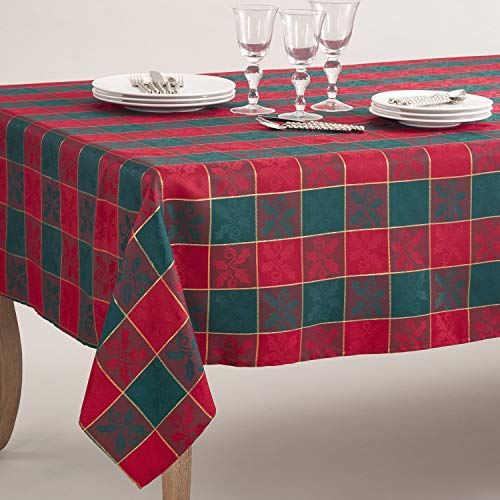 Fennco Styles Royal de Noël Collection Classic Plaid Jacquard Tablecloth – Red Green Tablecloth for Christmas Banquets, Family Gathering, Special Events and Home Décor
