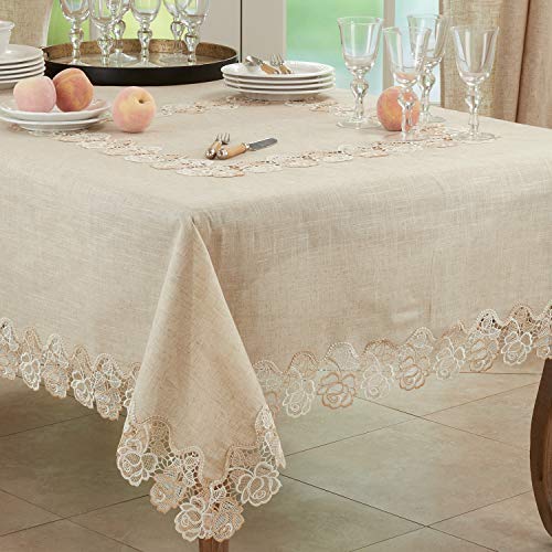 Fennco Styles Elegant Lace Rose Border Tablecloth 54" W x 54" L - Natural Floral Square Table Cover for Home Décor, Banquets, Wedding, Family Gathering and Special Events
