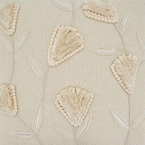 Fennco Styles Delicate Flower Applique Cotton Decorative Throw Pillow Cover 18 x 18 Inch - Ivory Accent Cushion Case for Home, Couch, Living Room and Everyday Décor