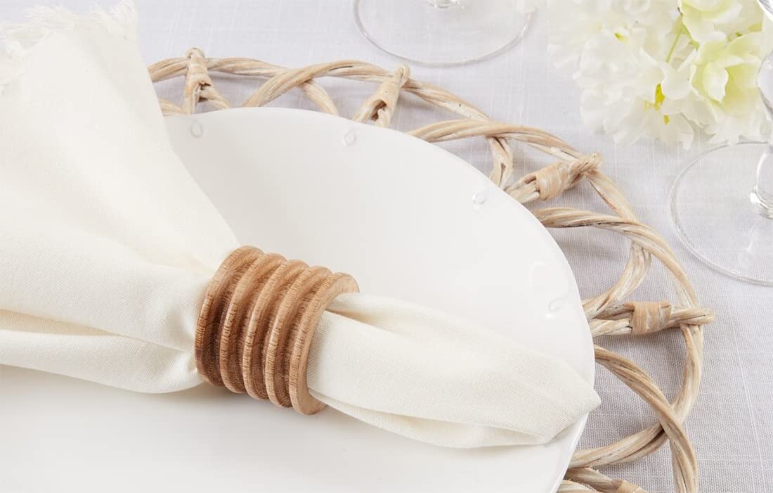 Fennco Styles Mango Wood Ribbed Napkin Rings, Set of 4 - Natural Decorative Wooden Napkin Holders for Home, Dining Room, Banquet, Family Gathering, Holiday and Special Occasion