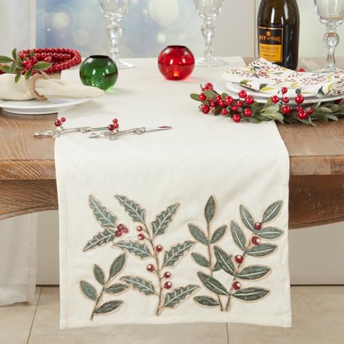 Fennco Styles Festive Holly Berry Table Runner 16" W x 72" L - Ivory Holiday Table Cover for Christmas, Winter Festivals, Banquets, Family Gatherings and Special Occasions