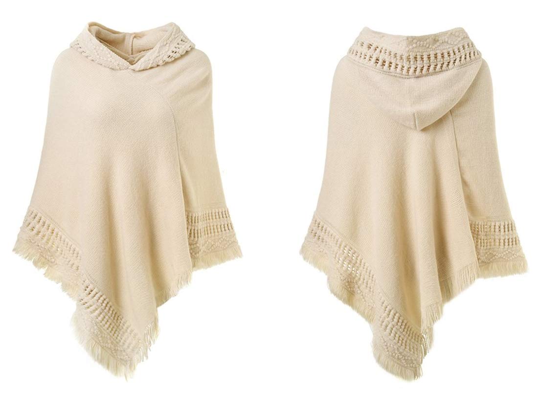 stylesilove Women Solid Knitted Hooded Poncho Crochet Pattern with Fringe Pullover Cardigan Soft Wrap for Fall Winter Seasons