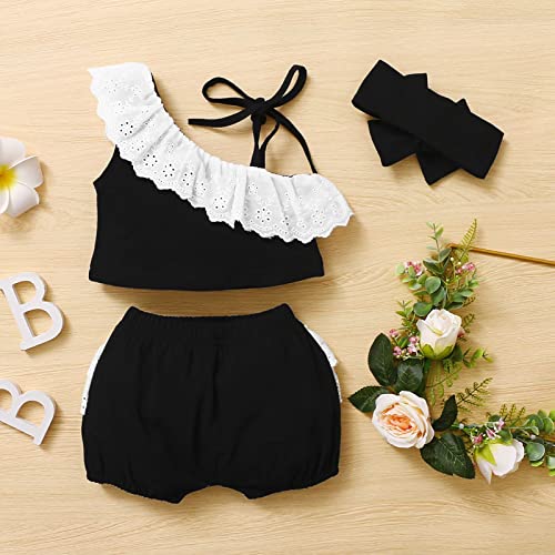 stylesilove Infant Baby Girls Black Asymmetric Ruffled Eyelet Crop Top and Shorts, Bow Headband 3pcs Cotton Summer Outfit