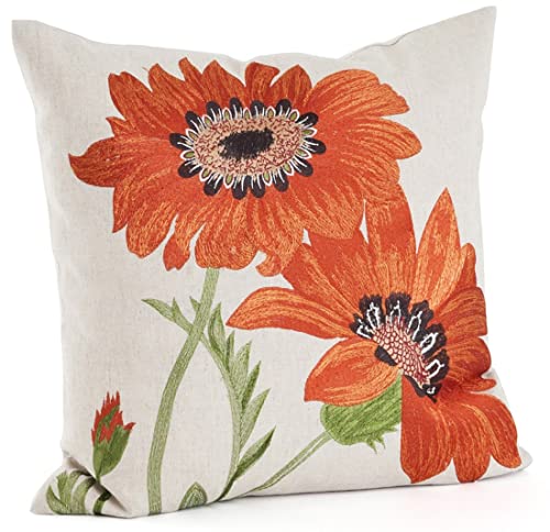 Fennco Styles Le Tournesol Embroidered Sunflower Decorative Throw Pillow, Filler Included, 18-Inch Square - Red Flower Cotton Linen Pillow for Home, Couch, Living Room and Bedroom Décor