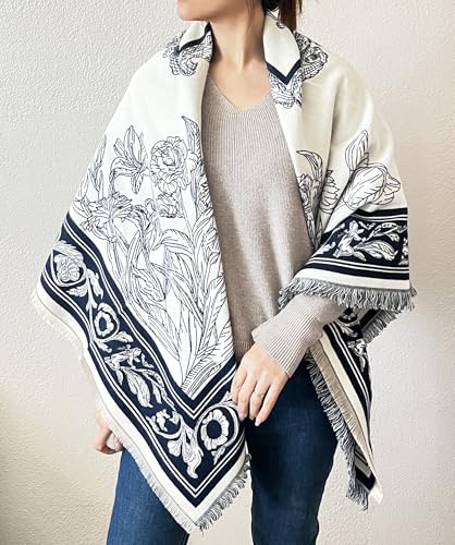 stylesilove Women Navy Blue Floral Reversible Cashmere Scarf Warm Ultra Soft Square Shawl Lightweight Wraps for Autumn and Winter