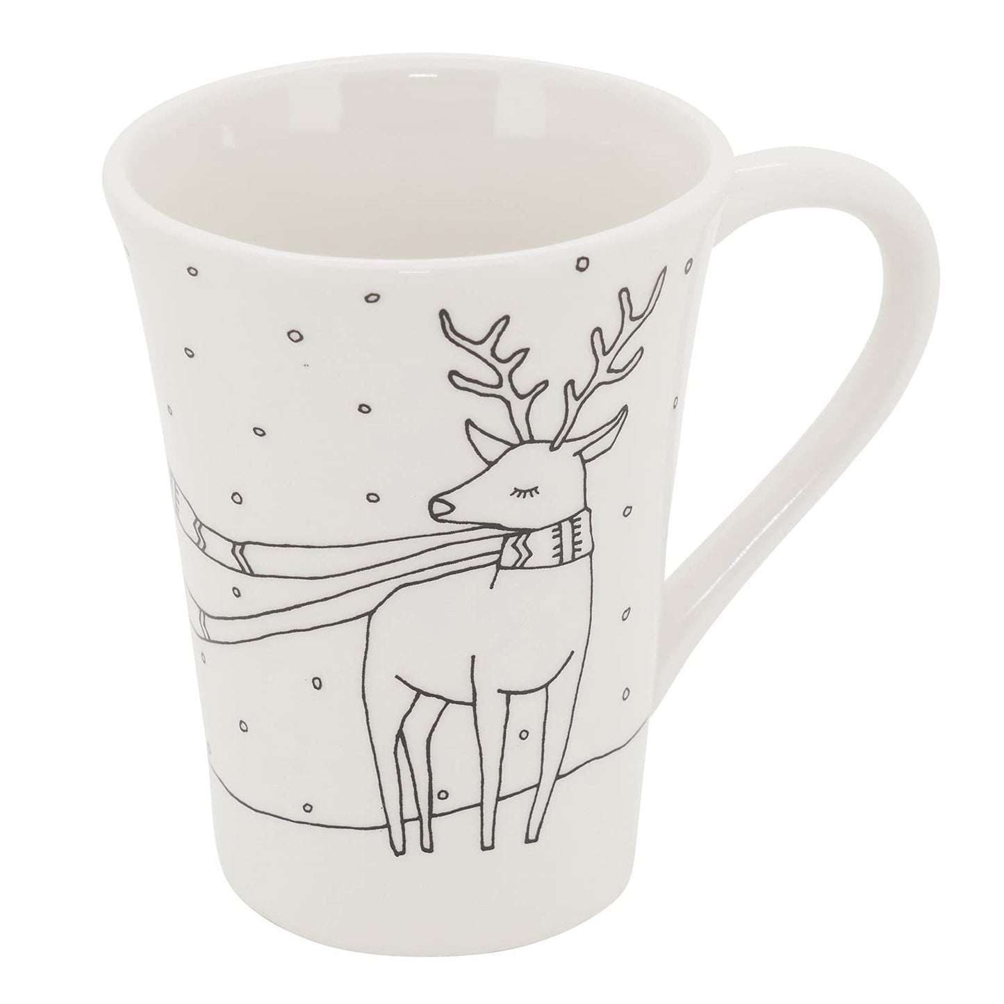 Fennco Styles Cartoon Reindeer Dolomite Mugs 4-Piece, 5”H x 3”W - White Holiday Coffee Mug Microwave Safe Beverage Set for Home, Family Gathering, Special Occasion and Christmas Décor