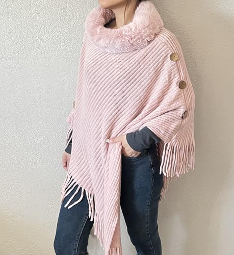 stylesilove Women Solid Knitted Faux Fur Collar Poncho with Fringe Pullover Cardigan Soft Wrap for Fall Winter Seasons