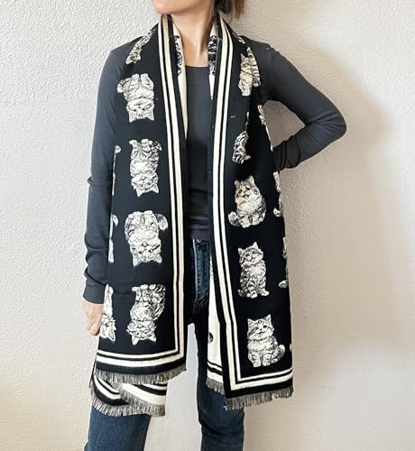 stylesilove Women Cute Kitten Print Cashmere Scarf Warm Ultra Soft Fringe Scarves Shawl Neck Wraps for Autumn and Winter